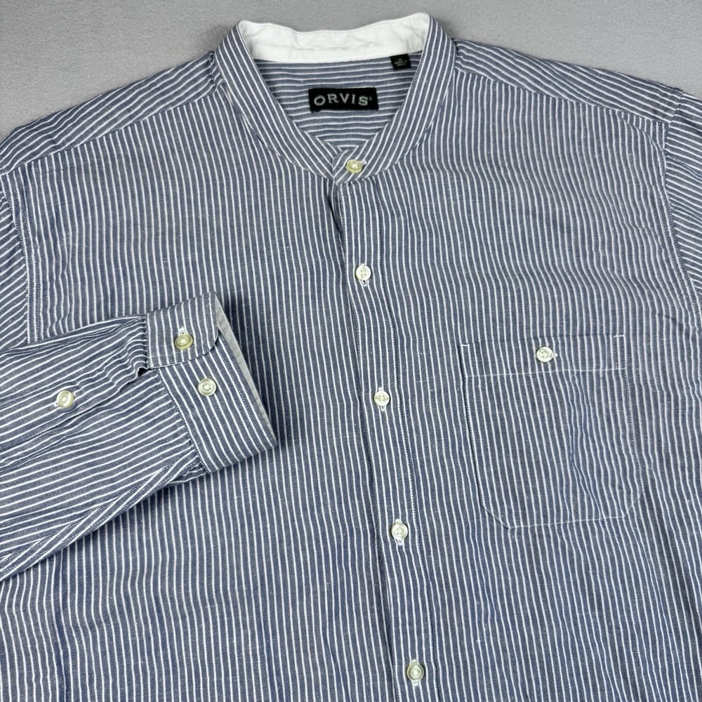 Orvis Linen Blend Blade Collar Long Sleeve Shirt Men XL Stripe Blue Pocket